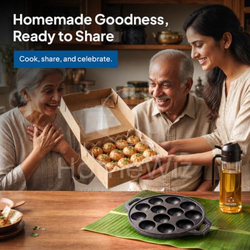 Image of HomeWiz Cast Iron Appe Pan 12 Cavity 26 cm | Free Oil Dispenser 500ml | Pre-Seasoned Appe Maker for Appam, Paniyaram & Appe | Non Stick Appam Pan | Naturally Non-Stick | Works On Induction & Gas