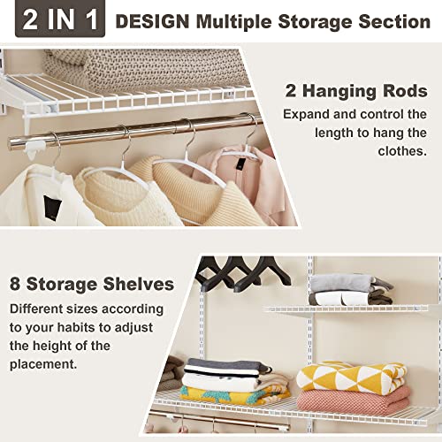 Sapodilla Closet Organizer System Kit Wall Mounted,Custom Closet Storage Organizer System,3 To 6 Ft Adjustable Closet Kit Wire Metal Shelving With Expandable Hanging Rods,White #TOP4