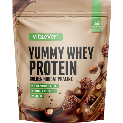 vit4ever Yummy Whey Proteinpulver - Golden Nougat Praline - Bis zu 22 g Protein pro Portion - Premium Eiweiß Shake mit Laktase & deutscher Molke (908 g)