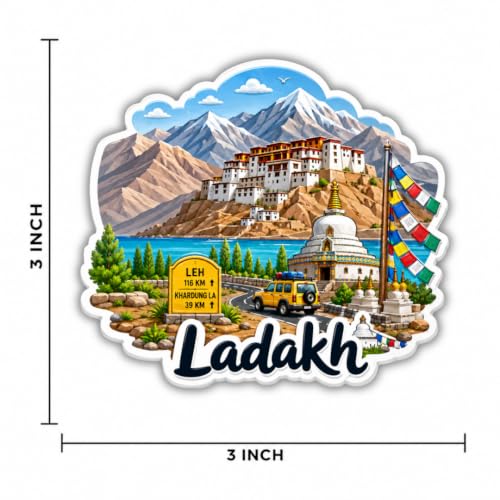 Image of Ladakh Theme Souvenir Wooden Fridge Magnet for Refrigerator - Printed Fridge Magnet for Kitchen & Fridge Decor | Perfect Souvenir Gift | Fridge Decoration | Size 3x3 Inches | Pack of 1