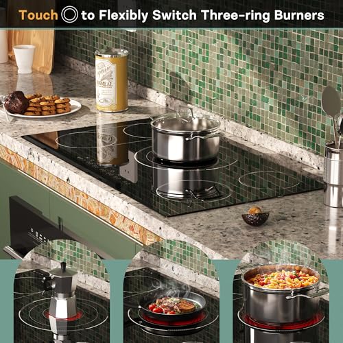 Image of 36 Inch Electric Cooktop 5 Burner, Built-in Electric Stovetop with Flexible Bridge & Triple Ring Burner, 9600W Cooktop Electrics with BBQ Burner, Timer, Safety Lock,Pause, 220V-240V Hard Wire