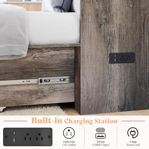 Image of AMERLIFE Twin Murphy Bed Cabinet with Charging Station and Storage Drawer, Farmhouse Foldable Platform Bed for Home Office, Apartment, Small Spaces, Rustic Grey