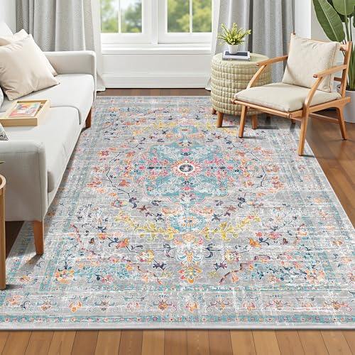 Pauwer Boho Washable Area Rug 6x9 Large Soft Living Room Bedroom Floor Carpet Mat Indoor Farmhouse Vintage Non Slip Accent Throw Rugs for Entryway Kitchen Dorm Dining Room