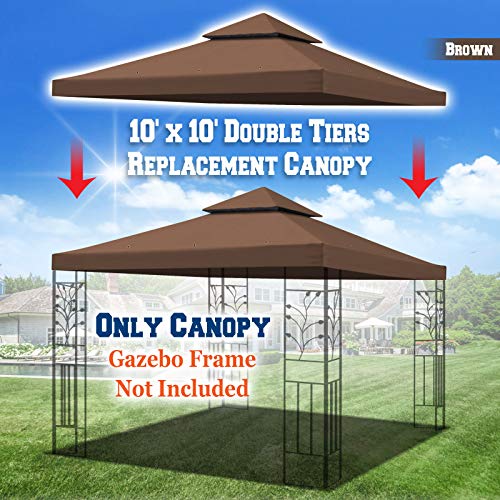 BenefitUSA 10x10 FT Gazebo Canopy Replacement Top Double Tiered Canopy Top Cover (Brown)