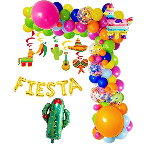Fiesta Party Decorations Fiesta Balloon Garland Cactus Foil Balloon Mexican Cinco de Mayo Baby Shower Balloon Decoration Set Confetti Balloons with Llama Foil Balloons for Coco Party,Taco Party Decor
