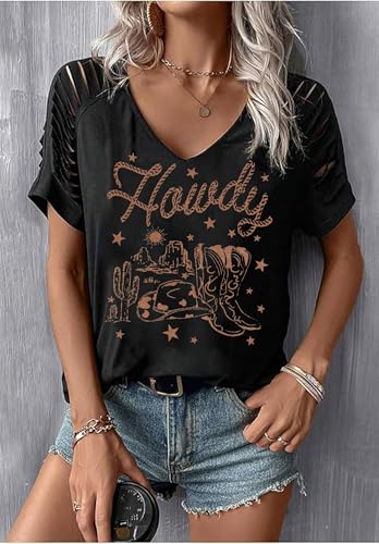 Retro Cowboy Graphic T Shirt for Women Vintage Country Music Hollowed Short Sleeve Shirts Summer V Neck Casual Tops2