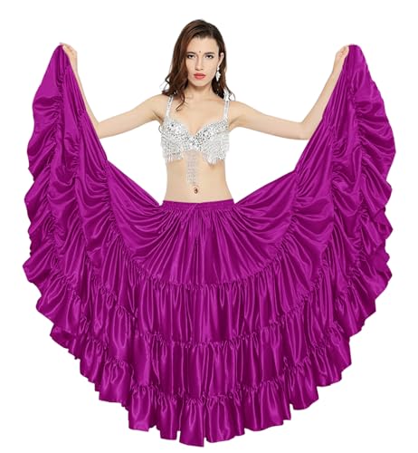 Indian Trendy Women's Satin 25 Yard 4 Tiered Gypsy Belly Dance Skirt Flamenco - L - Violet Red