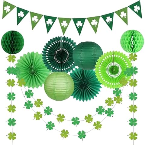 zilue St Patricks Day Decorations, Green Party Supplies Four-leaf Clover Garland Tissue Paper Fan Paper Lantern for Irish Party Saint Patricks Day Decor Cover