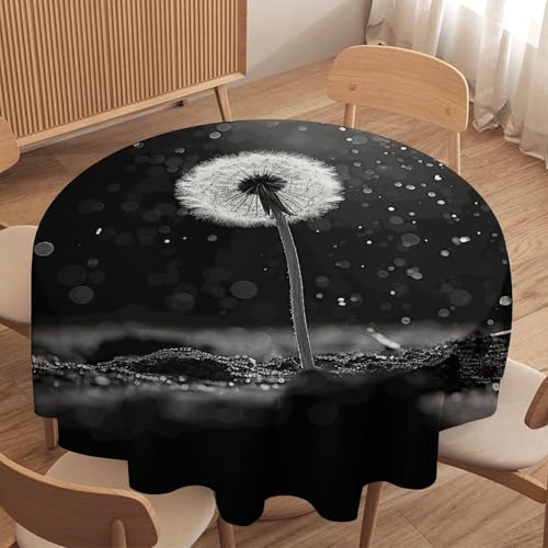 Nappe ronde en polyester imprimé pissenlit noir et blanc de 152 cm pour table