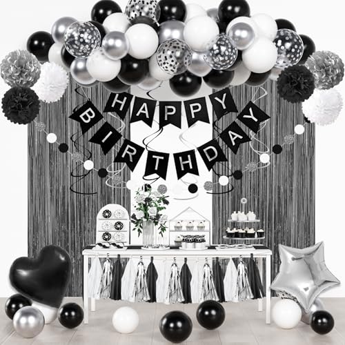 Black and White Birthday Party Decorations Black Metallic Silver Confetti Balloons Happy Birthday Banner Fringe Curtains Hanging Swirls Circle Dots Paper Tassels Pompoms for Men Boys Party Supplies