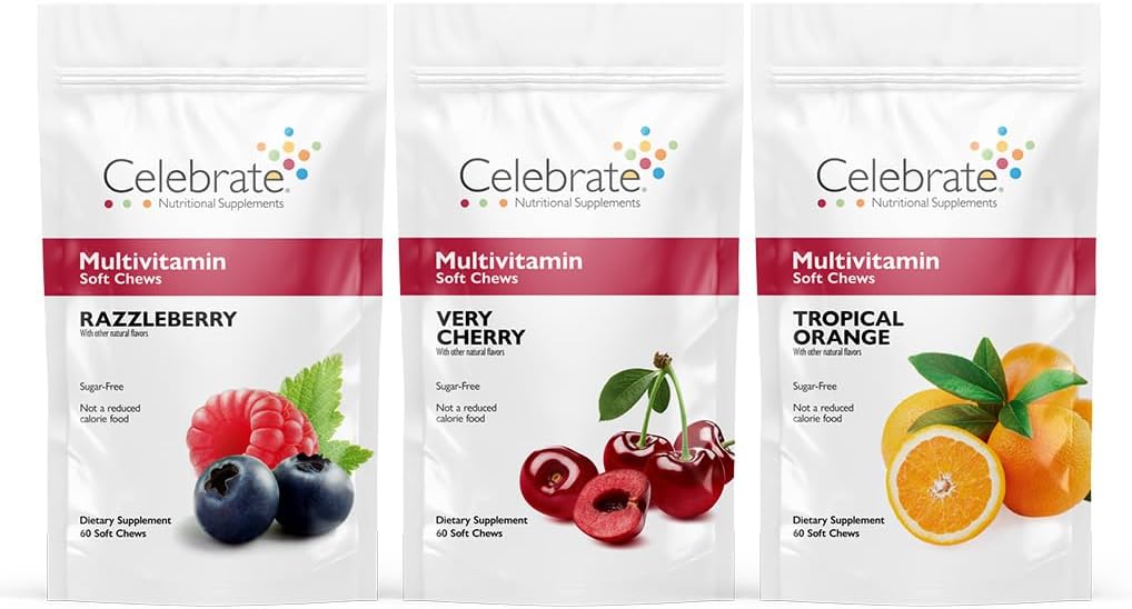 Celebrate Vitamins Bariatric Multivitamin Soft Chews - Essential Vitamins & Minerals, Sugar & Gluten Free - Gastric Bypass & Sleeve Gastrectomy Supplement - Berry/Orange/Cherry (180ct)