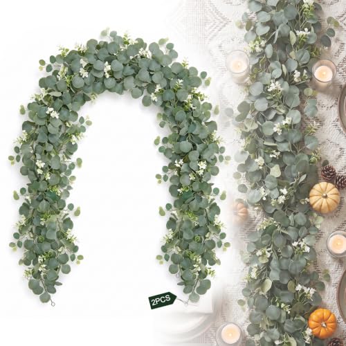 Artrastar Pack de 2 Guirnaldas de Eucalipto, Planta de Guirnalda Artificial de 1,8 m, Decoración de Hojas Verdes Colgantes con Flores Blancas para Ramo de Boda, Flores, decoración del hogar