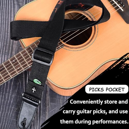 MAXSEEN Guitar Strap, Acoustic Electric Guitar Straps, Adjustable Leather Ends Bass Guitar Strap with Picks Pocket (Black) - Thumbnail 6