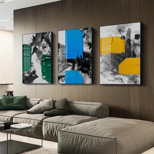 Impression sur toile haut de gamme 60x90 cm triptyque abstrait bleu et jaune premium
