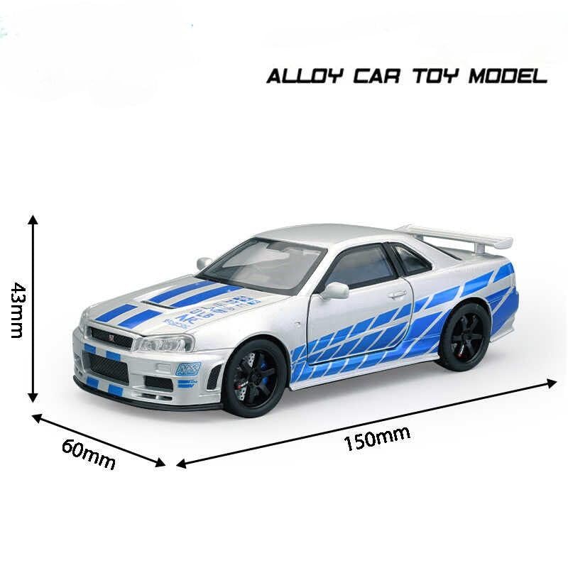 Image of 1:24 Scale Nissaan Skyline GTR-R34 Model Alloy Metal Pull Back Toy car for Kids with Openable Doors & Light, Music Toy Vehicle for Kids (1:32 Nissaan Skyline (Silver))