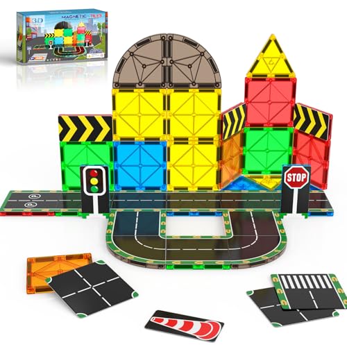 obakaer Magnetische Bausteine Straßenaufsatz-Set mit magnetischen Fliesen STEM-Spielzeug für 3 jährige Jungen und Mädchen Angepasste Geburtstagsgeschenke für Kinder im Alter von 3 4 5 6 7 8 Jahren