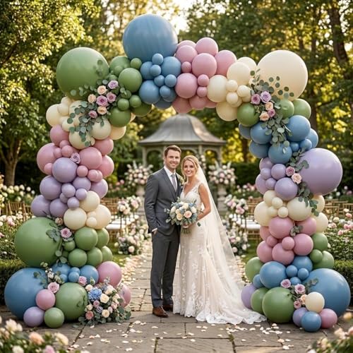 Image of Blue Green Pink Balloon Garland Double Stuffed Sage Green Dusty Blue Pink Purple Lavender Balloons Pastel Balloon Arch Kit for Birthday Baby Shower Gender Reveal Flower Tea Party Decorations