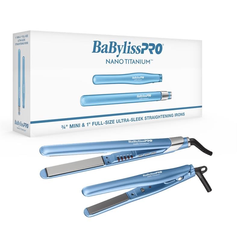 babylisspro nano titanium ultra-sleek hair straightener, flat iron for all hair types 1 inch with mini prepack blue