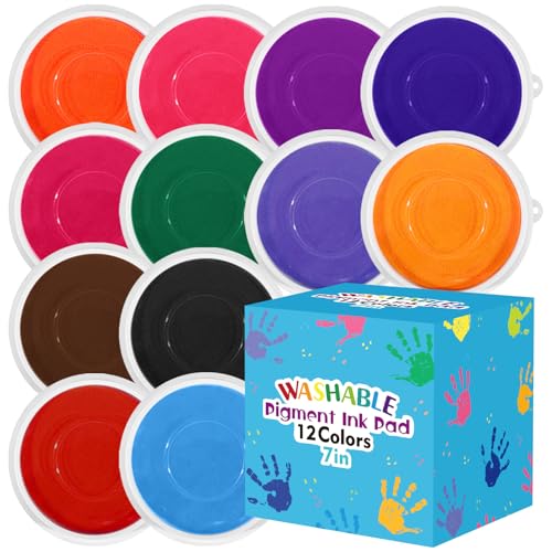 7 Inch Large Ink Pad for Kids Washable | Washable Stamp Pads for Classroom Stamps, Scrapbook Supplies Kit & Fabric Crafts (12 Colors)