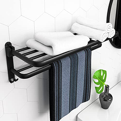 JRMM Porte-Serviettes avec Double Barres Porte Serviettes, Étagère Murale en Aluminium Salle de Bain, Noir Porte Serviette de Accessoire Salle de Bain Cover