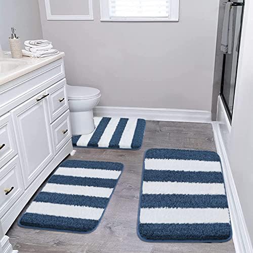 Teewas 3 Pieces Bathroom Rug, Ultra Soft Non-Slip Bath Mats Sets, Microfiber Absorbent Bath Carpet with U-Shaped Toilet Rug (Blue, 17"x24"+20"x32"+U Shape 24"x20")