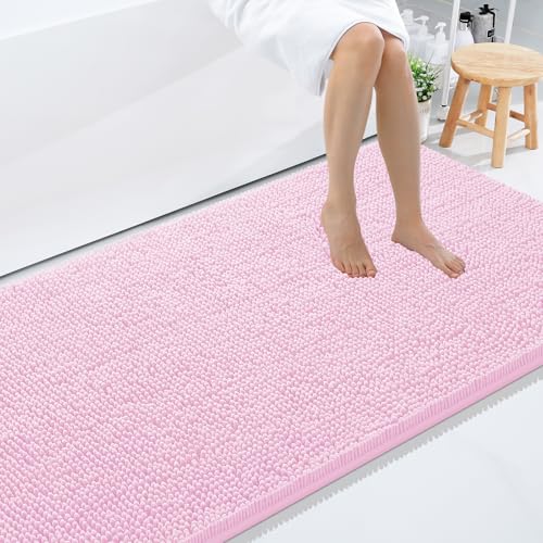 Smiry Luxury Chenille Bathroom Rugs 59x35, Extra Soft and Absorbent Shaggy Bath Mat, Machine Washable, Non-Slip Plush Carpet Runner for Tub, Shower, and Floor, Home Decor Accessories, Pink