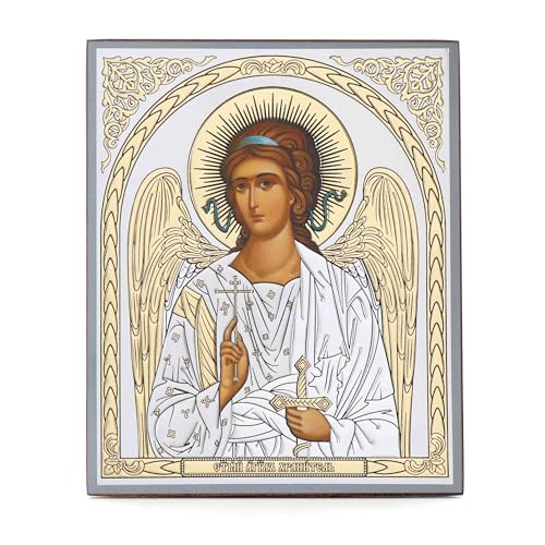 Questa icona in legno mostra una rappresentazione dettagliata di angeli custodi, realizzata in stile cristiano tradizionale.