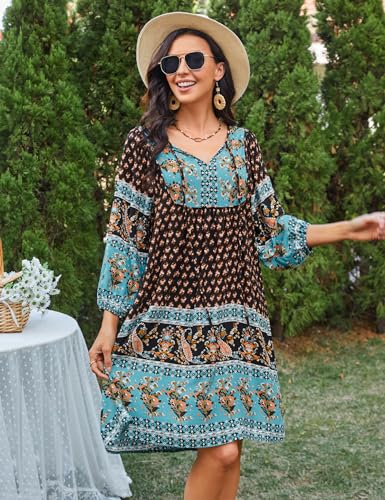 Image of Bluetime Women Casual Summer Dress Boho V Neck 3 /4 Sleeve Babydoll Floral Print Flowy Beach Dress