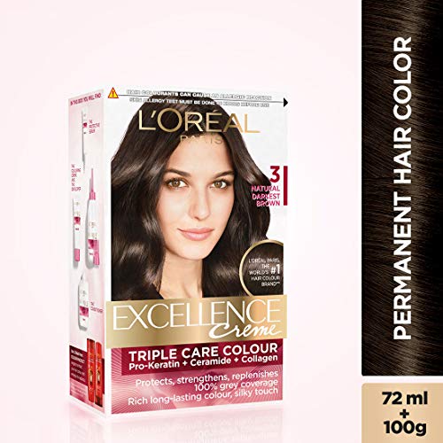 Image of L'OREAL PARIS Excellence Creme Hair Color, 4 Natural Dark Brown, 72ml+100g and Excellence Creme Hair Color, 3 Natural Darkest Brown, 72ml+100g