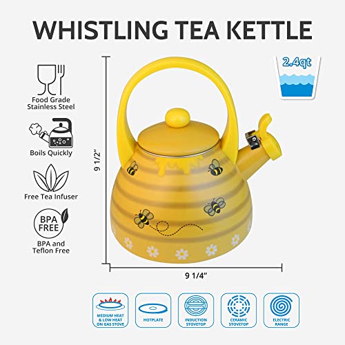 Whistling Tea Kettle For Stove Top Enamel On Steel Teakettle, Supreme Housewares Bee Hive Design Teapot Water Kettle Cute Kitchen Accessories Teteras (2.4 Quart, Bee Hive) #TOP1