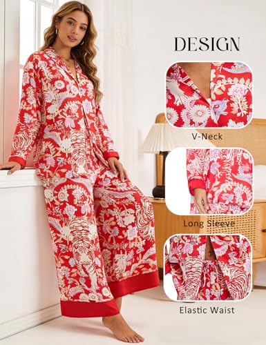Image of Yimoon Satin Pajama Set for Women Silk Pajamas Set 2 Piece Floral Cute Pj Set Long Sleeve Pjs Sleepwear
