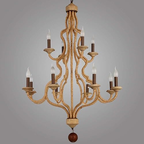 Miniatura 4 de Genérico Araña moderna, Simple 12 Lights Country Style Double Layer Hemp Rope Wooden Retro Chandelier Lighting Loft Cafe Bar V-intage Pendant Light