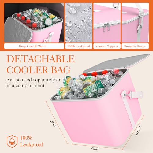 Image of HOTOR Trunk Organizer, Sturdy Foldable with Cooler for Car & SUV, 3 Compartments, Pink, 30.90 inchx12.60 inchx10.63 inch