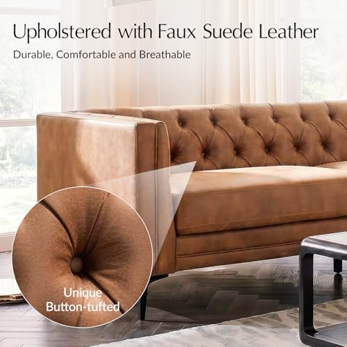 Image of HULALA HOME 84 inch W Faux Leather Sofa Couch with Metal Legs, Button-Tufted 3-Seater Sofa, Mid Century Modern Upholstered Couch for Living Room, Entertainment Area, Apartment,Camel