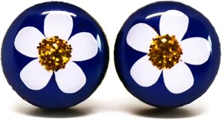 Stud Earrings, White Flower, Gold Sparkle, and Navy Blue 10 mm Round Studs for Women Men, Handmade Stainless Steel Posts for Sensitive Ears, Color Dot