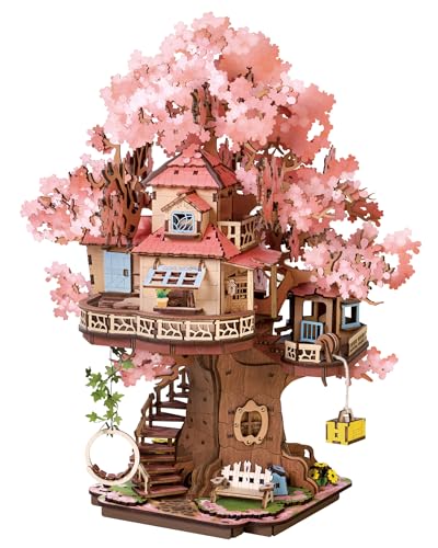 Rolife Puzzle 3D de Madera Casa del Árbol Sakura Miniatura Kit de Modelo Maquetas para Construir Adultos Rompecabezas Madera Decoración para el Hogar Regalo de Cumpleaños