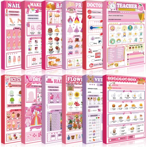 Image of Eaasty 12 Pack Kids Pretend Play Notepads 4x12 Inch,Girls | 6 Career Themes Pink Princess Makeup Nail Hair Flower, 40 Pages per Notepad for Toddlers Imaginative Activity and Learning