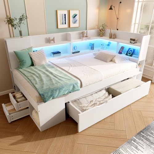 Cayipng Sofá Cama de 90 x 190 cm con iluminación LED. Cama Individual con Puerto de Carga USB y Tipo C. Estructura de Cama con láminas, estantes y cajones (colchón no Incluido).