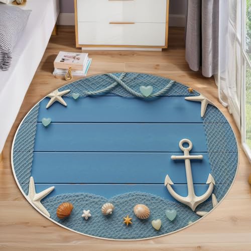 Tapis de chambre rond bleu marine antidérapant style mer - 7