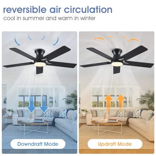 Image of 52 inchModern Black Low Profile Flush Mount Ceiling Fans with Light and Remote | Supports Remote and APP, 6 Wind Speeds, Reversible, Dimmable 3 Light Colors LED Light, Noiseless 30W DC Motor,2H Timer