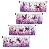 Wssklovj Butterfly Curtain Valance for Windows 4 Pack Flower Purple Watercolor Lavender Rod Pocket Window Treatments Short Curtains for Kitchen Windows Bathroom Bedroom 54x18 Inch