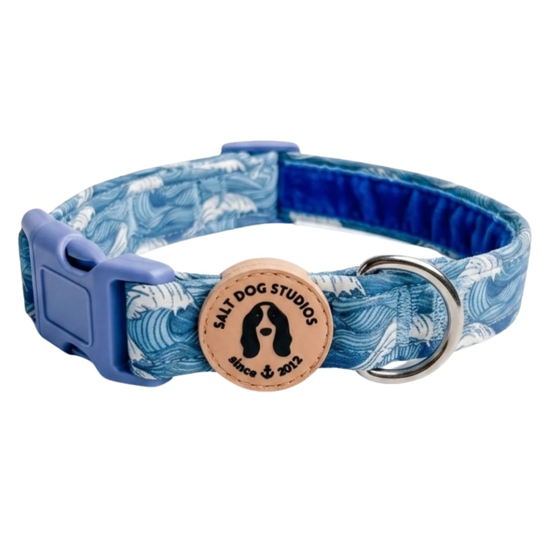 Coastal Dog Collar – Adjustable Velvet Lined Dog Collar for Small, Medium, Large & Extra Large Dogs – Soft Comfortable Fabric Collar by Salt Dog Studios (Catching Waves, Large) — image 1