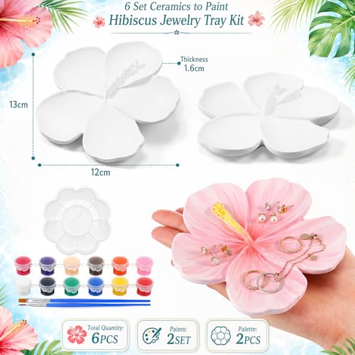 Image of Zubebe 6 Set Ceramics to Paint Hibiscus Flower Jewelry Tray Kit Ready to Paint Ceramics Ring Dish Holder DIY Unpainted Plates Trinket Dish Tray Crafts with Brush Palette for Valentine Wedding