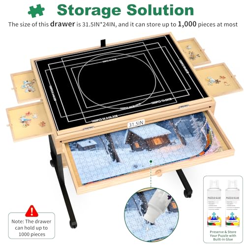 Image of Wooden Puzzle Table with Drawers, 1500 Piece Puzzles for Adults & Puzzle Enthusiasts with Adjustable Height & Tilt, Felt Surface, Metal Stand with Lockable Wheels, Puzzle Storage Box and Cover