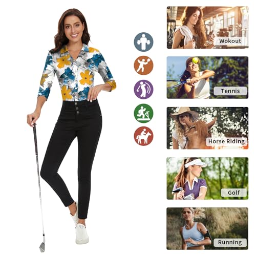 Image of Soneven Womens Golf Polo Shirts 3 /4 Long Sleeve V Neck Button Down Shirts Business Causal Work Blouses Tops