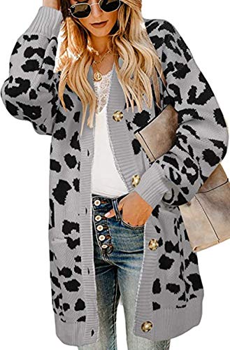 Womens Leopard Cardigans Button Down Open Front Sweaters Long Sleeve Loose Casual Knitted Coat Outwear with Pockets Grey