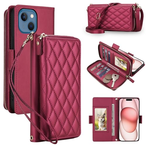 Housse iPhone 15 Plus rouge vin chic avec fermeture éclair et RFID
