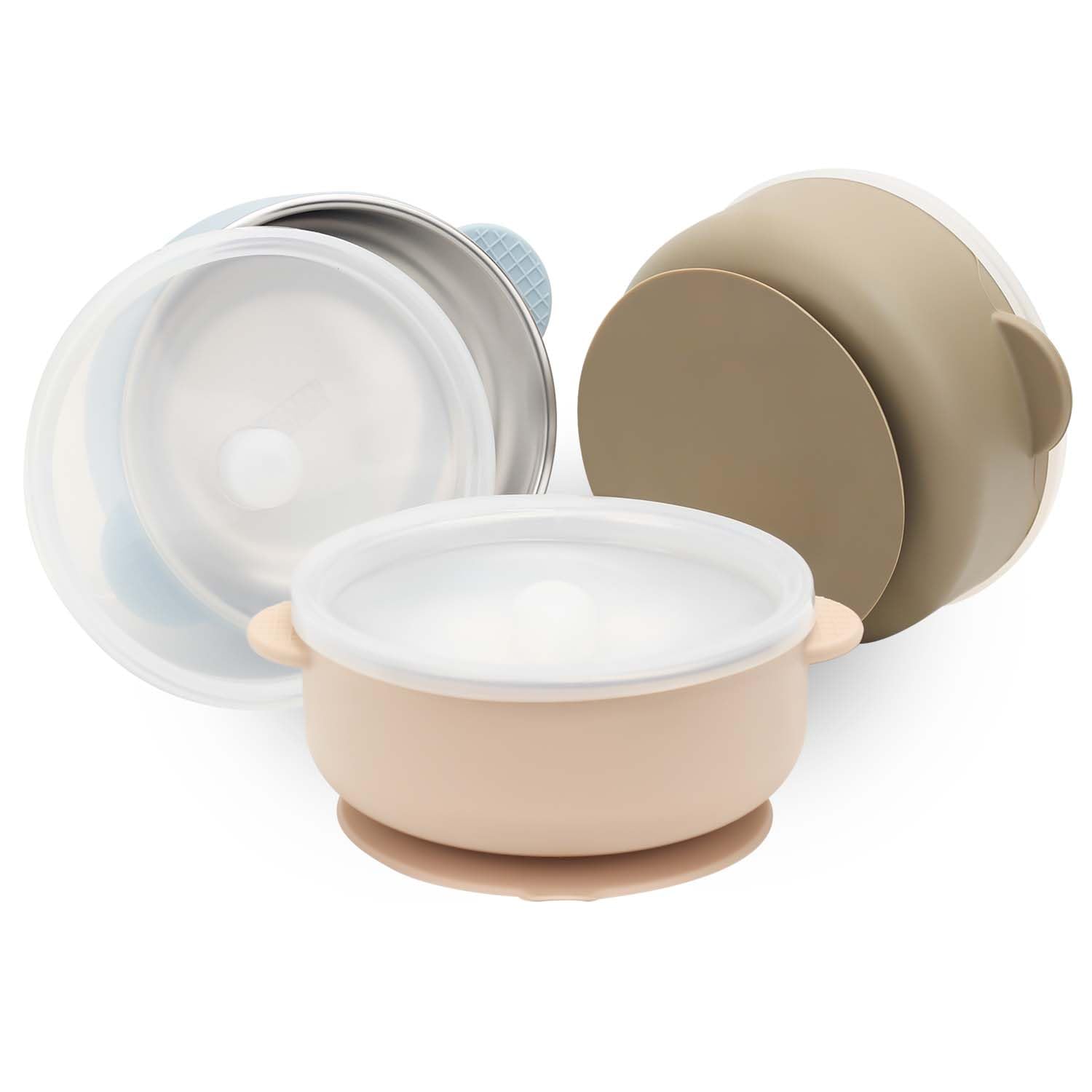 MOJINL 3 Stück Edelstahl Baby Schüssel mit Saugnapf und Deckel, Edelstahl Baby Breischale für Babys Kinder Kleinkinder, Rutschfest Kinderschüssel für Brei und Snacks, BPA-Frei, Spülmaschinenfest