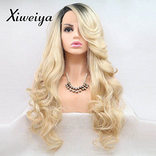 Perruque lace front ombré blond long et raide Xiweiya en fibres synthétiques