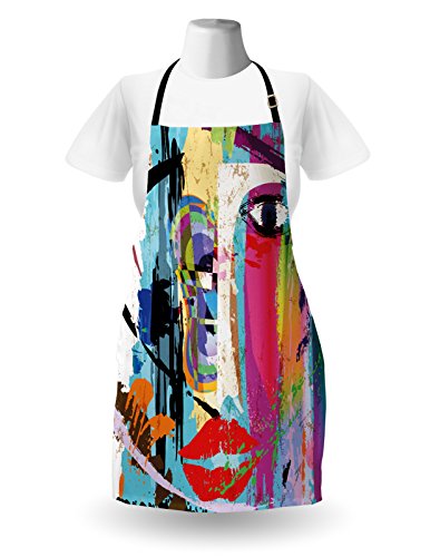 Ambesonne Art Apron, Contemporary Paint Strokes Splashes Face Paint Kiss Graffiti Grunge Creative Theme, Unisex Kitchen Bib With Adjustable Neck For Cooking Gardening, Adult Size, Blue Coral #TOP1
